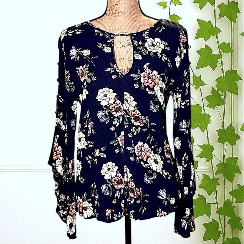 Gypsies & Moondust Navy Floral Bell Sleeve Blouse, M
